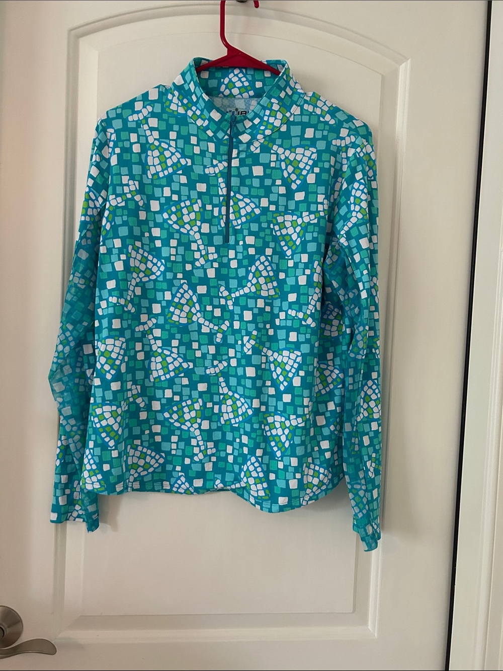 IBKUL Teal Mosaic Quarter-Zip Long Sleeve Top
